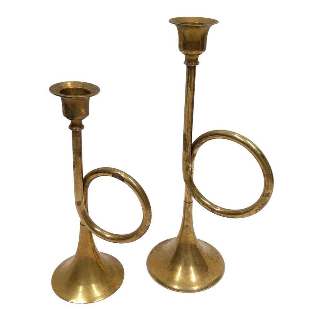 Vtg Set of 2 solid brass Bugle Horn Candlestick Holders ornate musical Decor